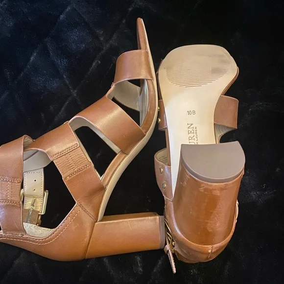 Ralph Lauren Tan Strappy Block Heels - Picture 9 of 9